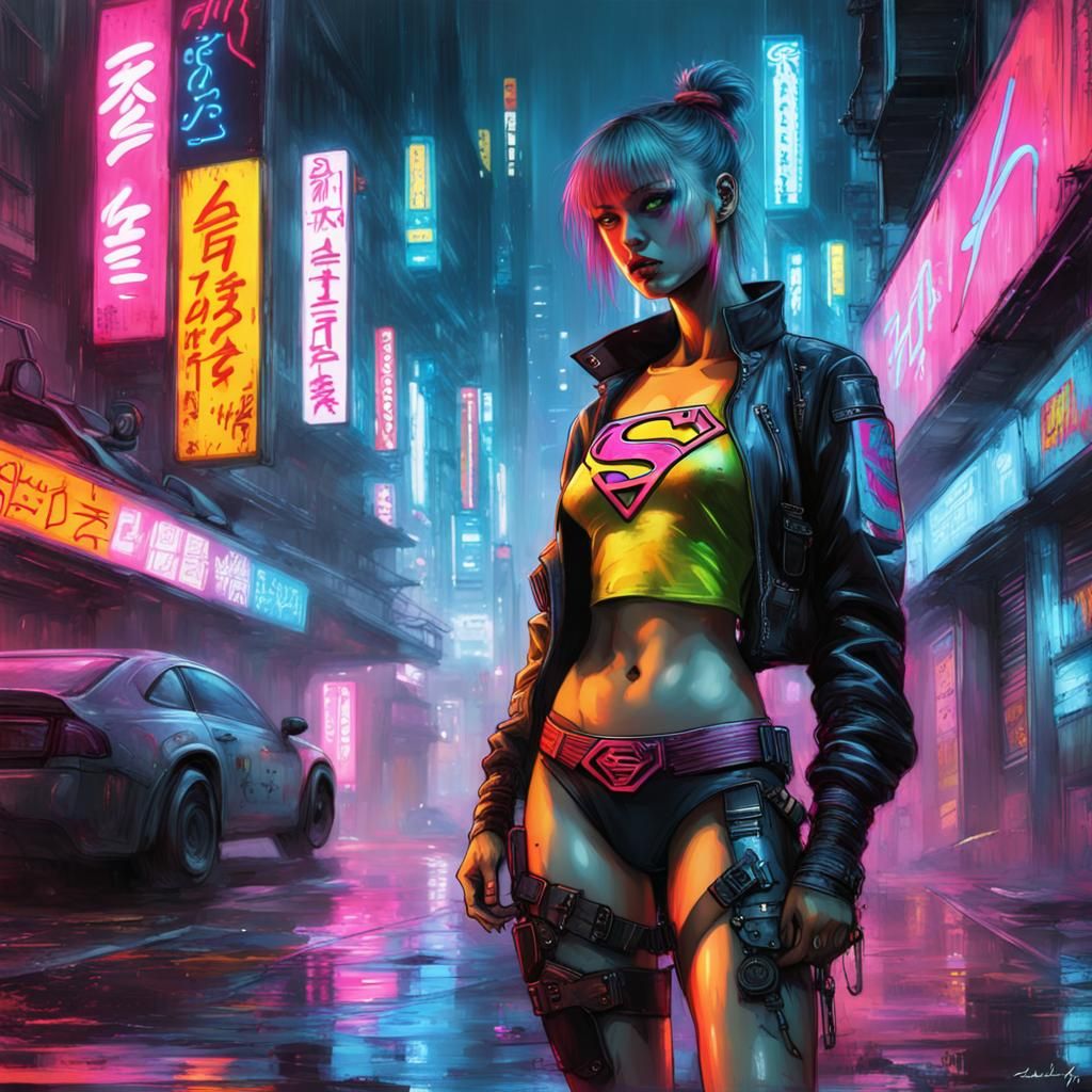 Cyberpunk Supergirl in Neon Tokyo, Graffiti Art Style