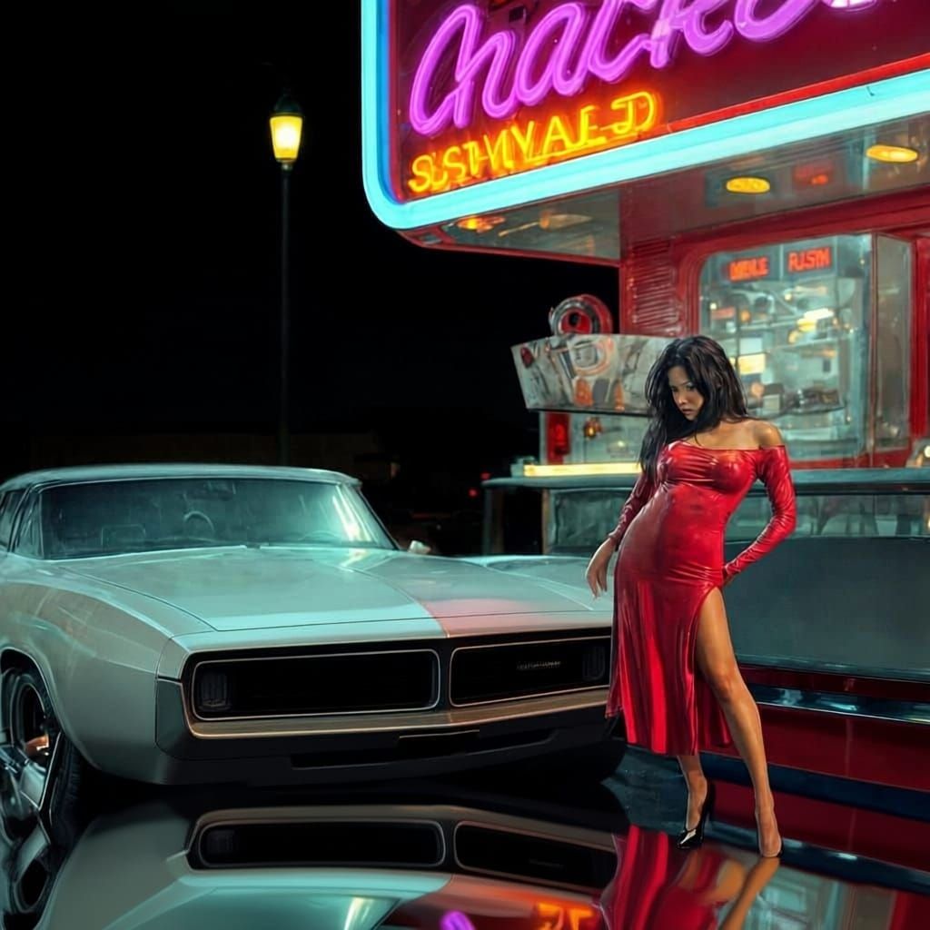 Beksinski Style: Muscle Car at Rainy Diner