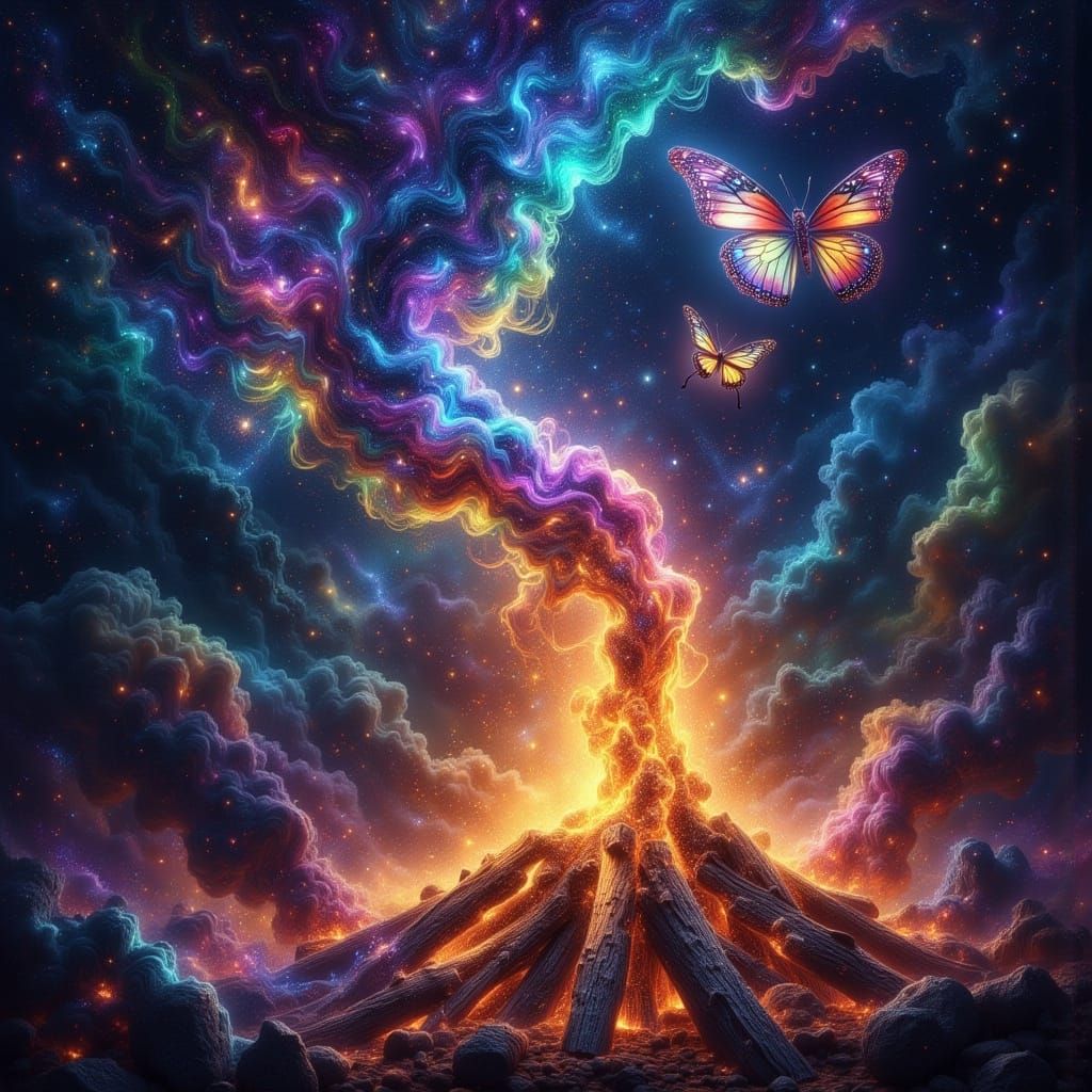 Ethereal Bonfire with Luminous Moth in Starry Night