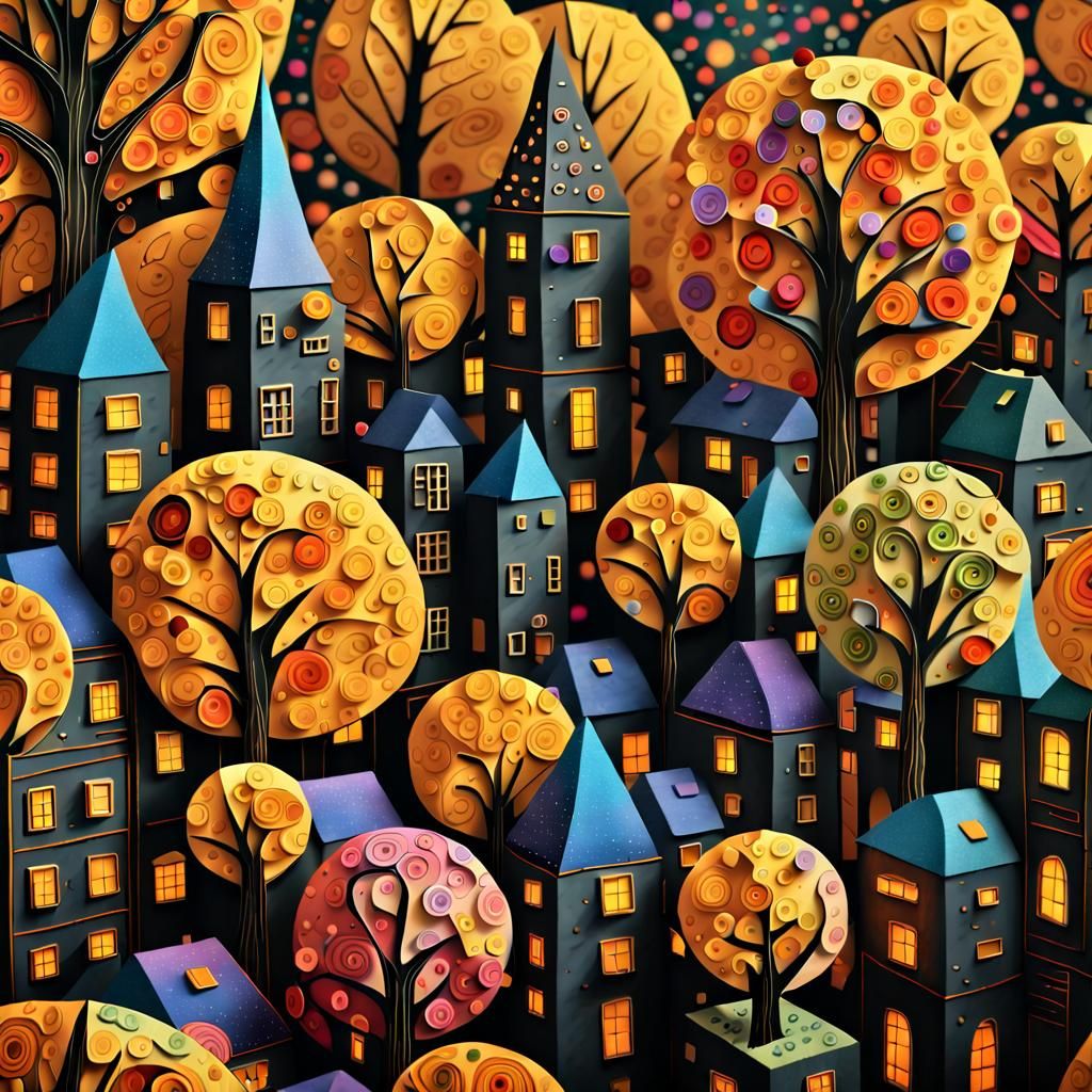 Festive Paper City in Folk Art Style