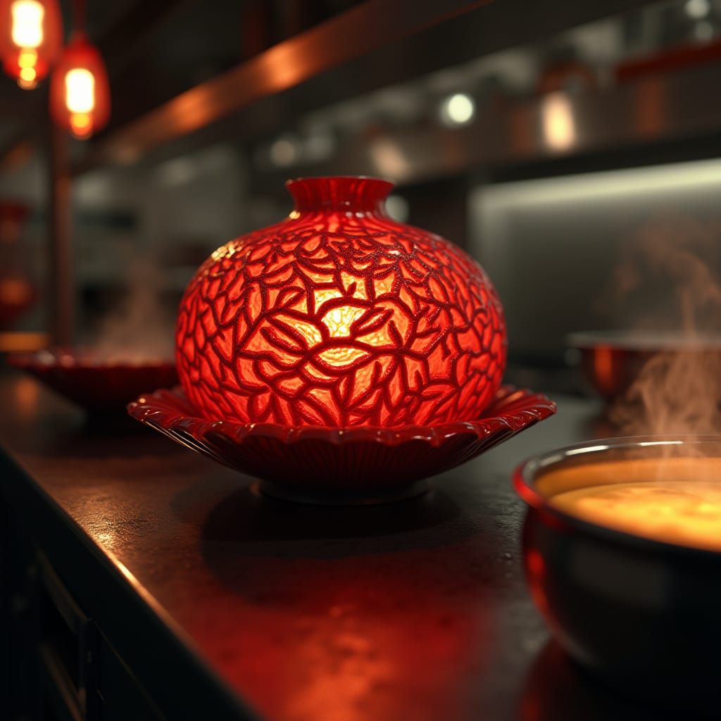 Surreal Red Cocoon in a Michelin Star Kitchen