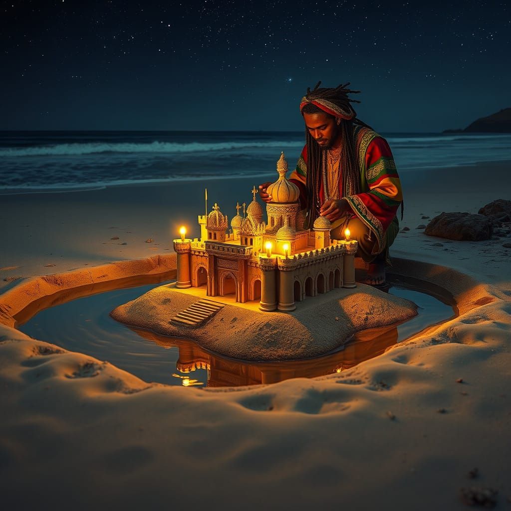 Baroque Sand Sculptor in Vibrant Robes Under the Starry Nigh...