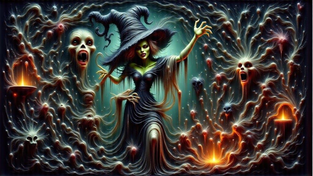 Ancient Witch in Eerie Chamber, Bosch Goya Style