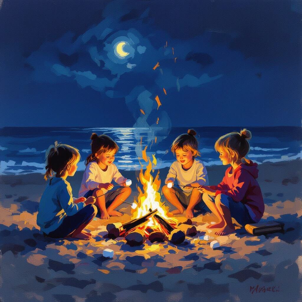 Beach Campfire at Night in Impressionist Style