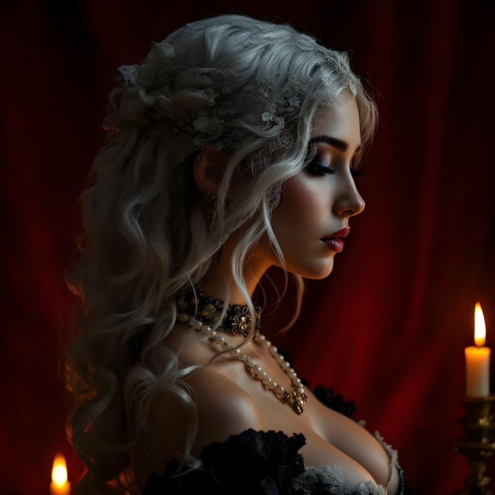 Silver Haired Woman Portrait with Lace Veil