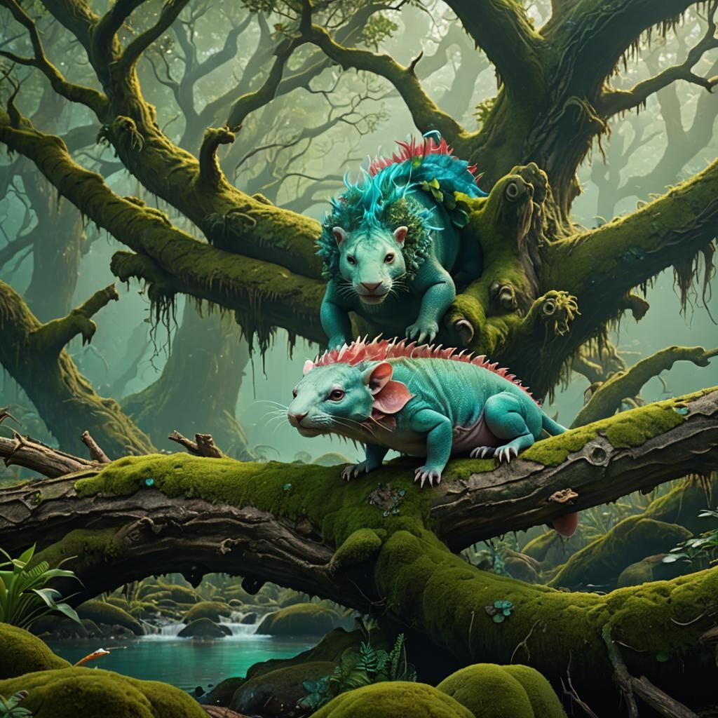 Axolotl-Lion Hybrid in a Fantasy Landscape