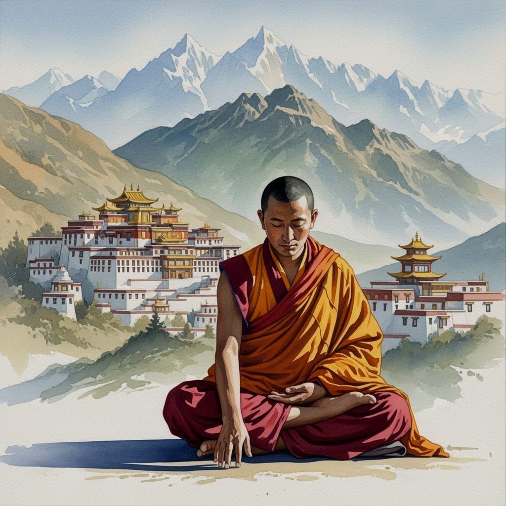 Serene Tibetan Monk in Earth-Touching Mudra, Himalayan Monas...