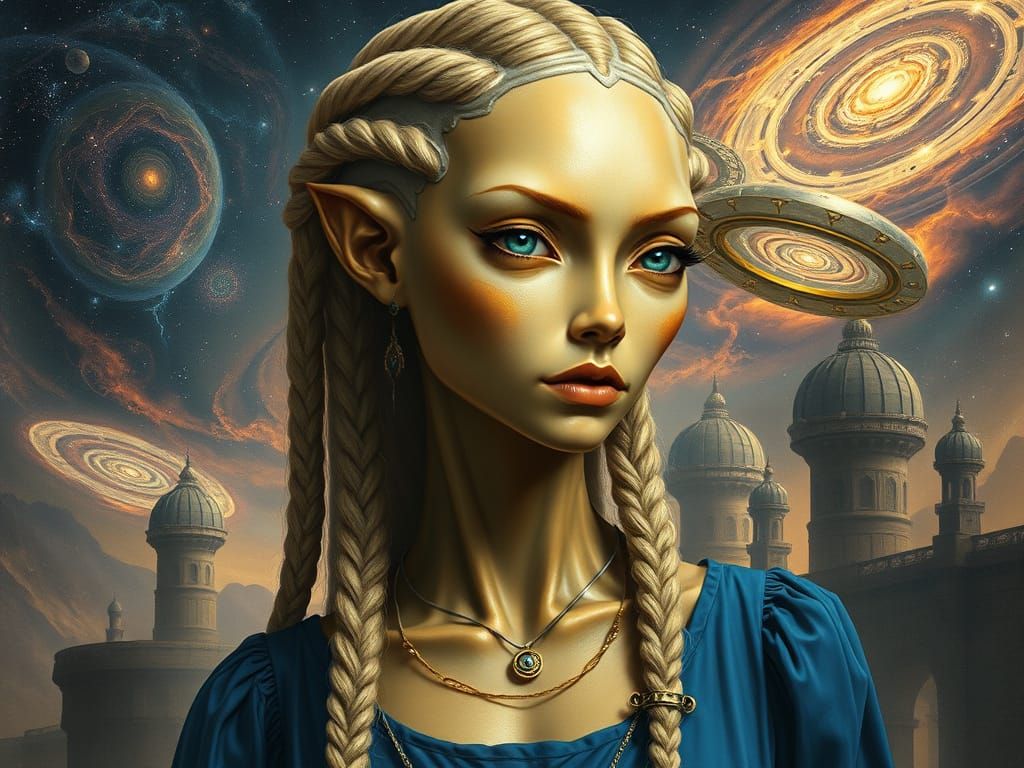 Surreal Portrait of a Golden Alien Goddess in Cyber Renaissa...