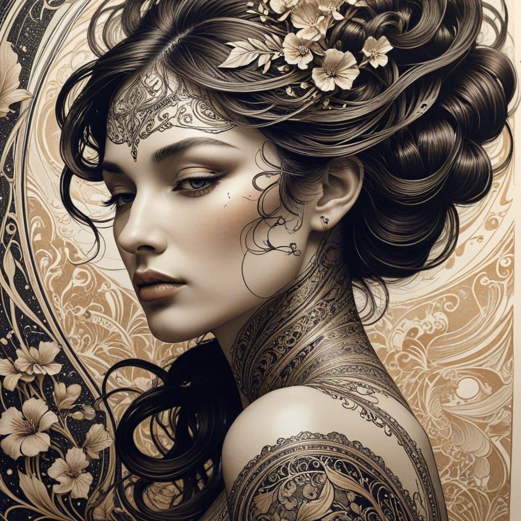 Elegant Art Nouveau Lady in Intricate Stippling