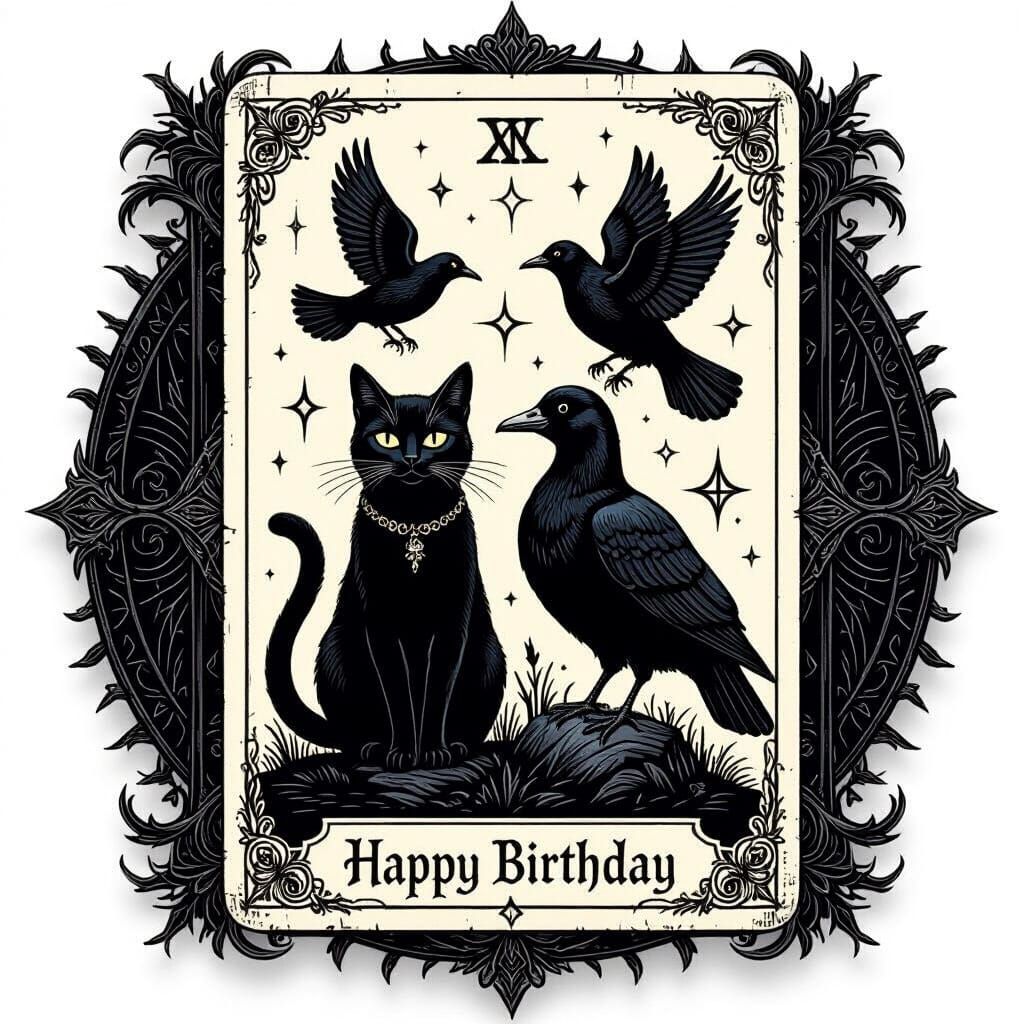 Gothic Birthday Tarot Card with Black Animals