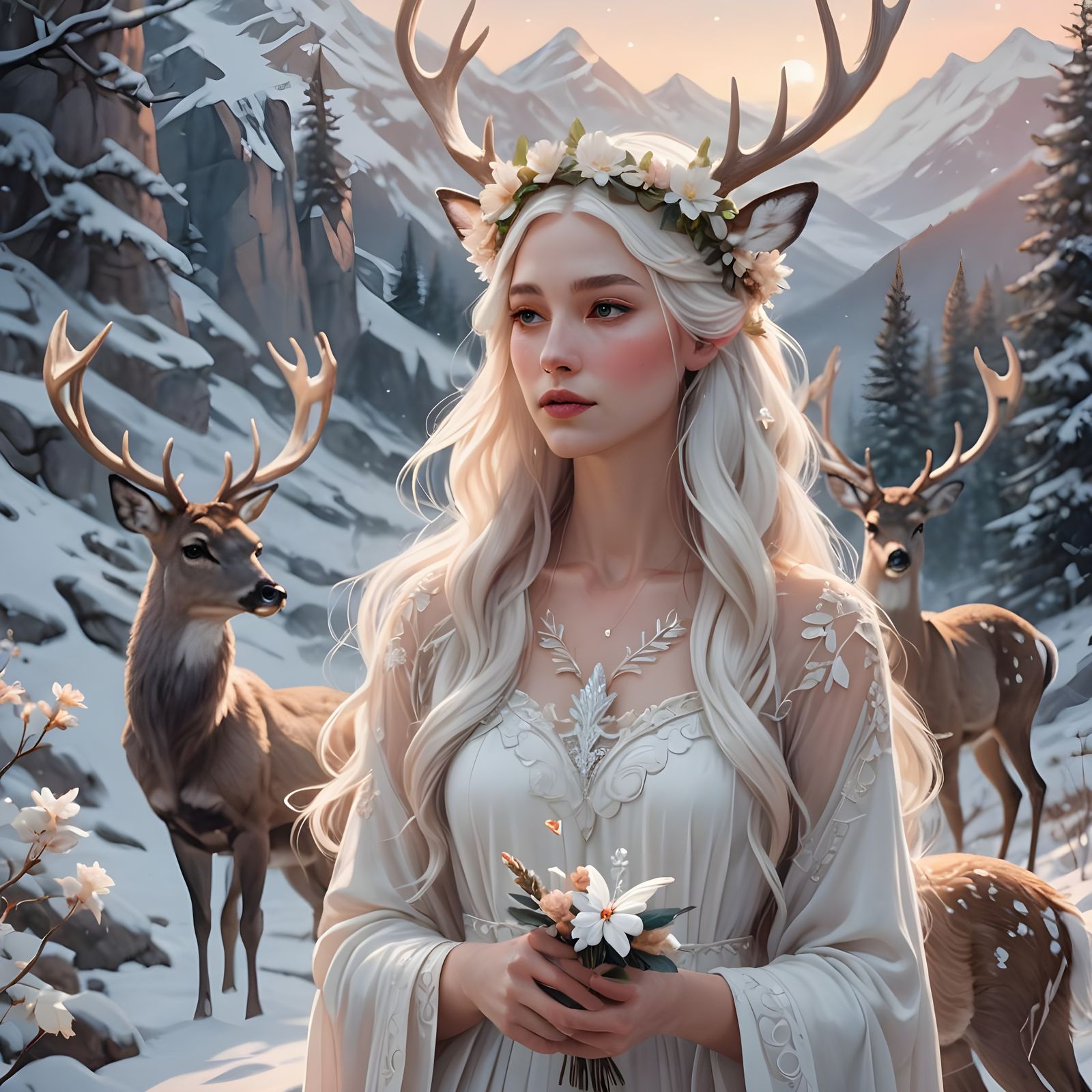 Woman with Flower Crown in Winter Landscape