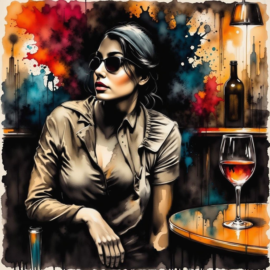 Woman in Bar, Charcoal and Ink Art