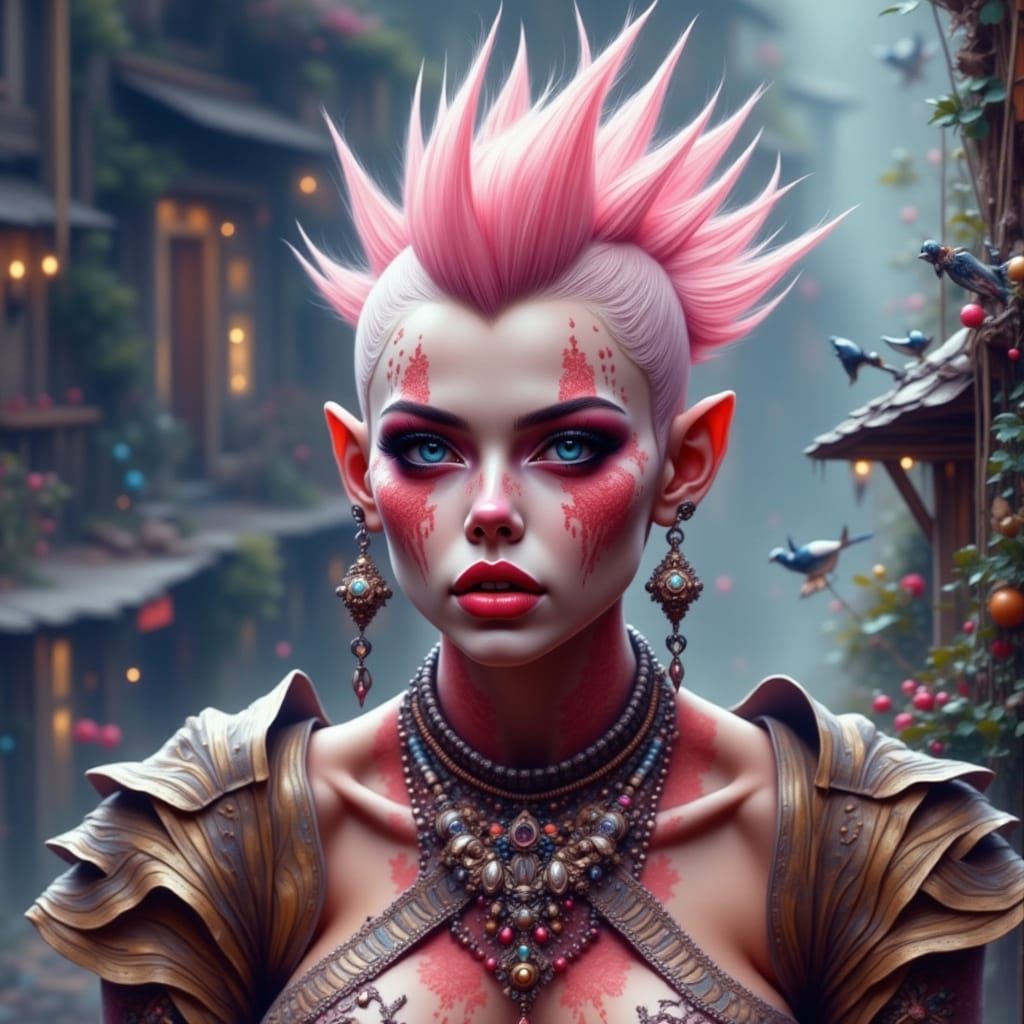 Pink-Eyed Ork Girl with Mohawk, Gouache Painting