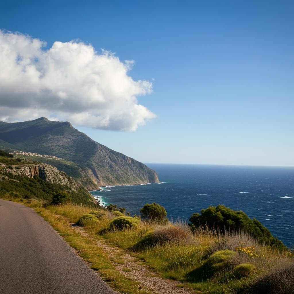 Windswept Mountainside Overlooking a Turbulent Sea