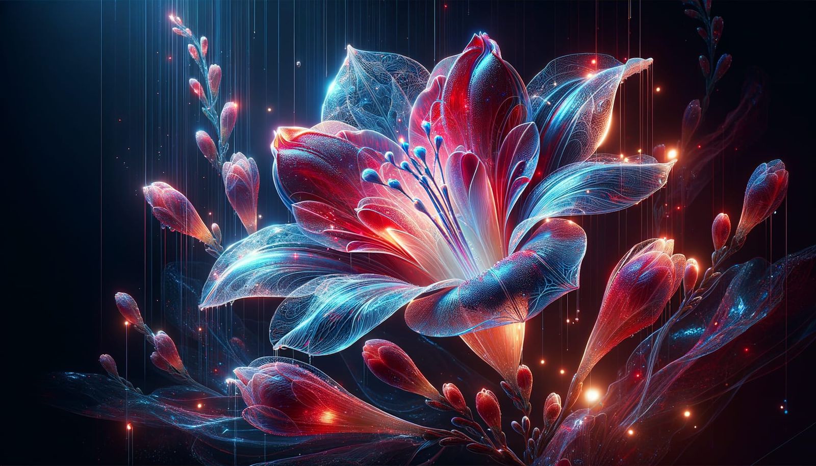 Glowing Transparent Freesia in Rain, Detailed 8K Art