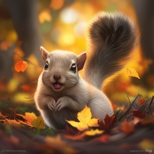 Chibi Squirrel Portrait in Autumn Leaves