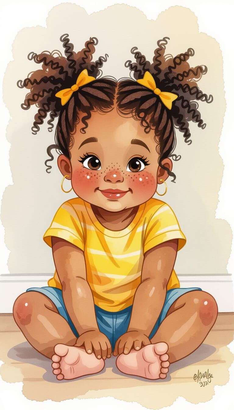 Chubby Girl Wiggling Toes in Watercolor Style