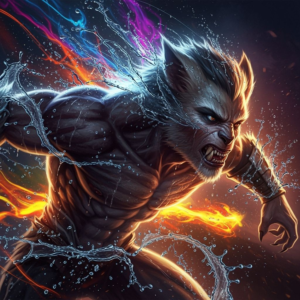 Dynamic Humanoid Creature in High-Energy Splash Art