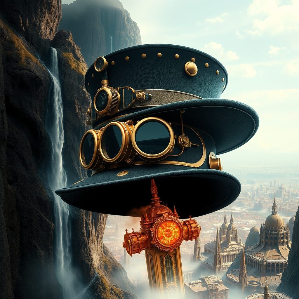 Steampunk Top Hat with Cliffside City, Hyperrealistic