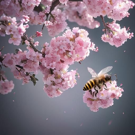 Apple Tree Branch with Bees: Hyperrealistic Photograph