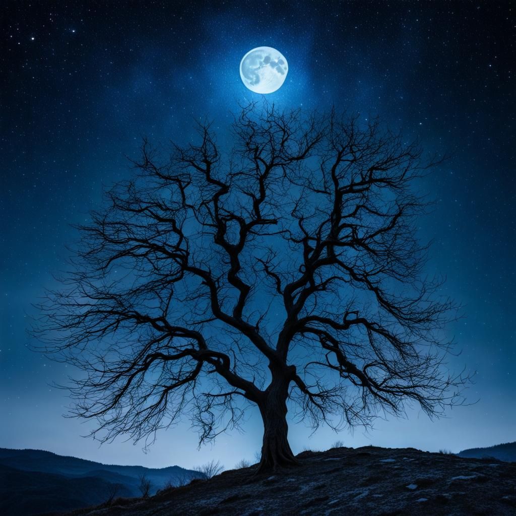Bare Tree Under Starry Moonlit Sky