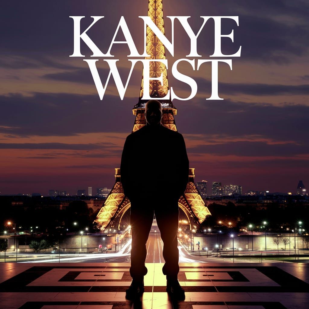 Kanye West in Front of Illuminated Eiffel Tower at Dusk