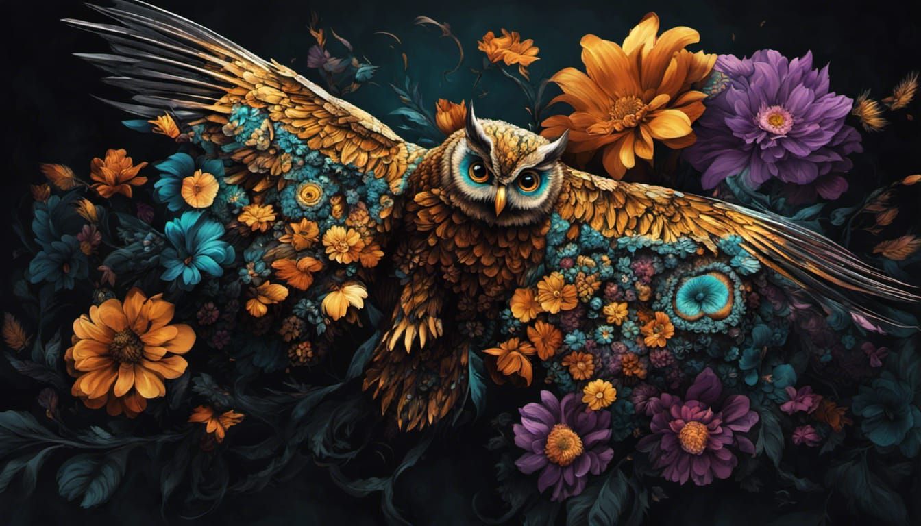 Exploded floral cyberpunk amber, black and teal owl made of flowers - 3101 ....... God Is Available. He Loves You...Do Y...