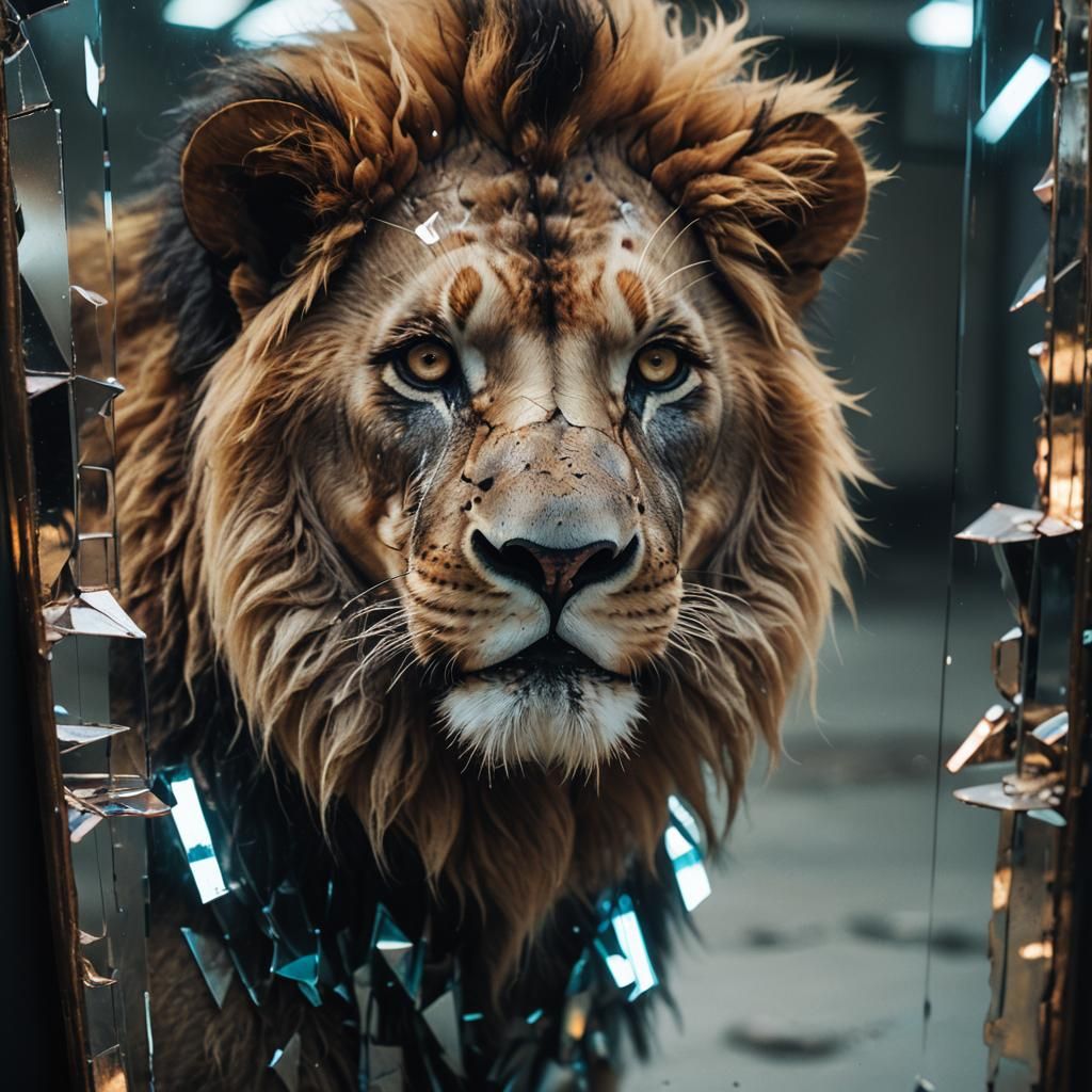Lion Stares into Mirror: Futuristic Glitch Art