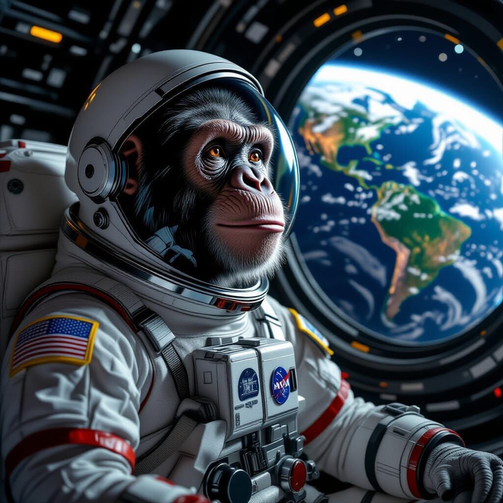 Chimpanzee Astronaut in Space: Hyperrealistic Close-Up