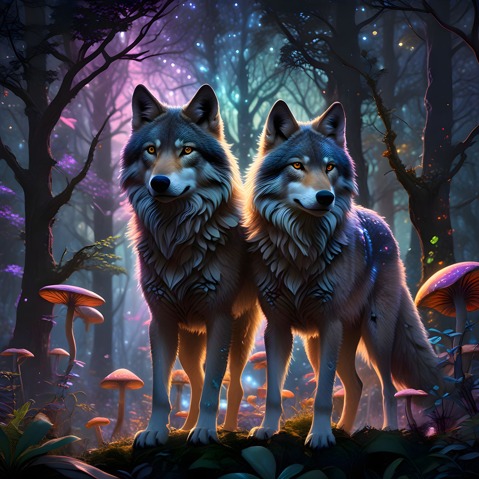 Iridescent Wolves in Vibrant Cosmic Forest