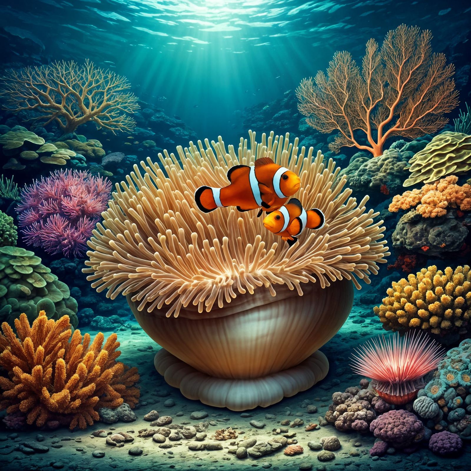 Clownfish and Bioluminescent Anemone, Zoological Illustratio...