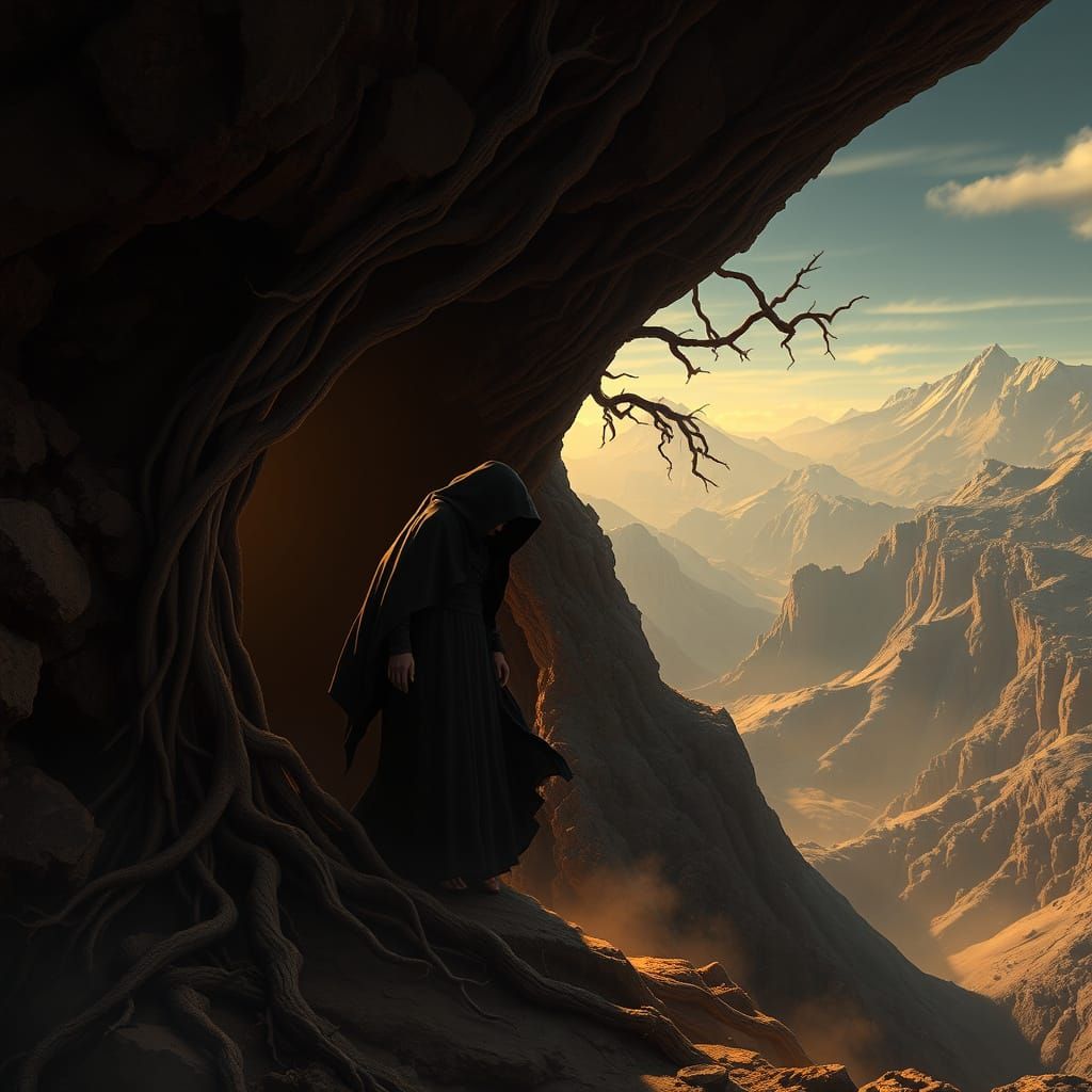 Dark Figure Emerges from Ancient Cave into Golden Light