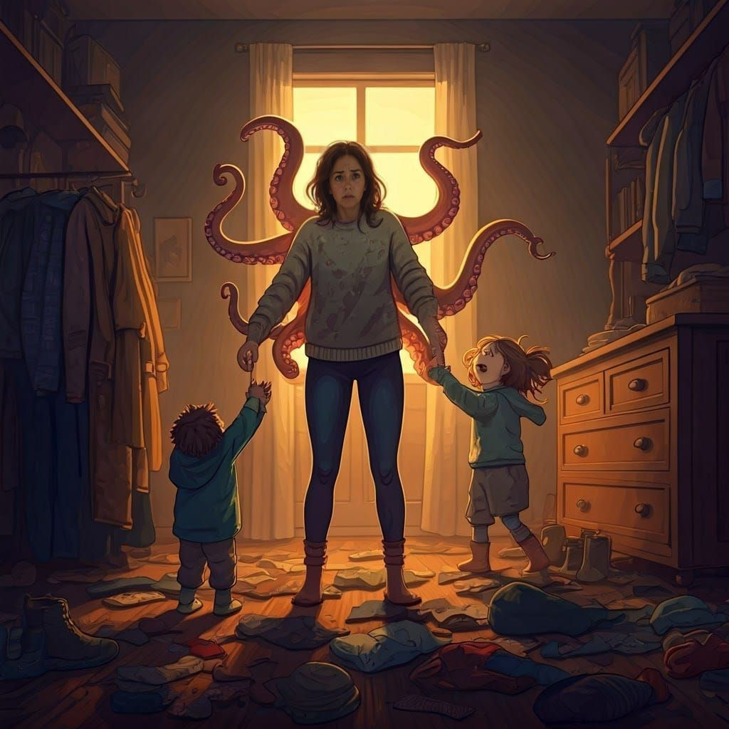 Mother with Octopus Arms Helps Children Get Dressed