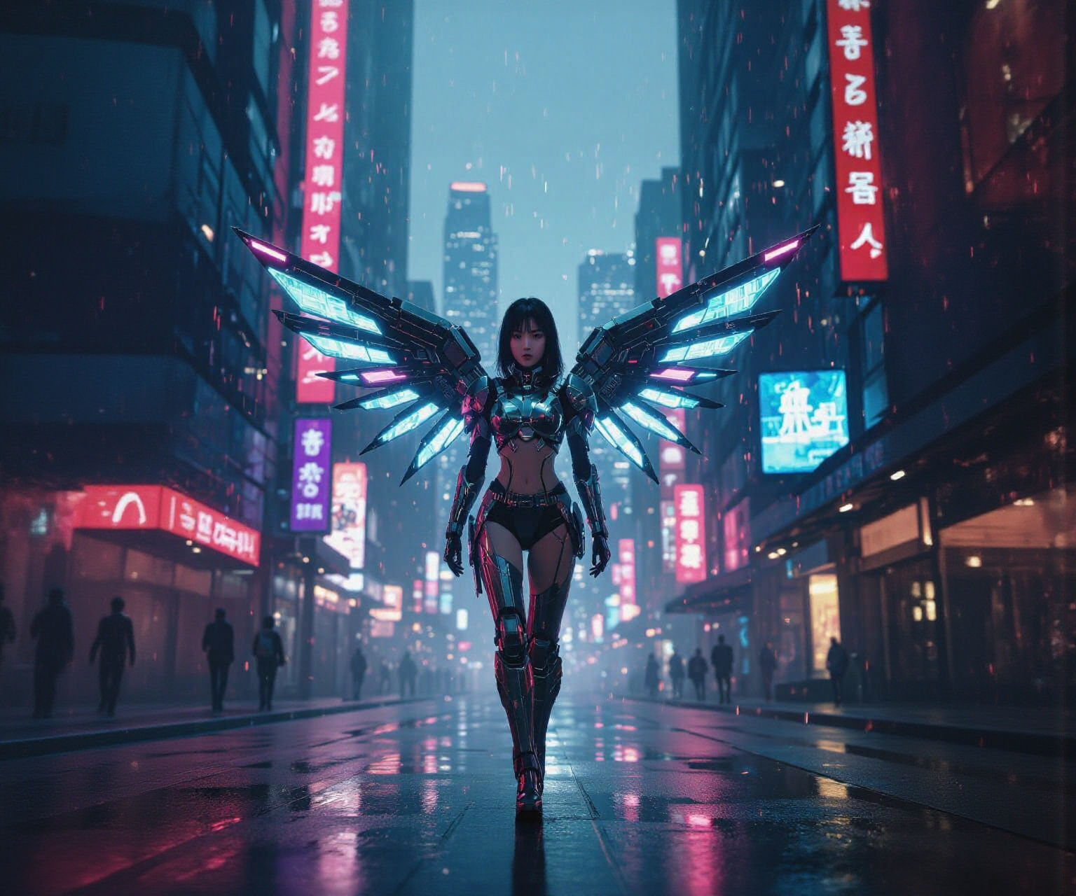 Korean Idol with Mecha Wings in Cyberpunk City