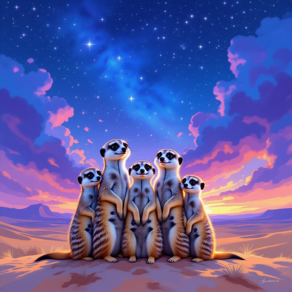 Meerkats Gaze at Starry Sky: Digital Painting