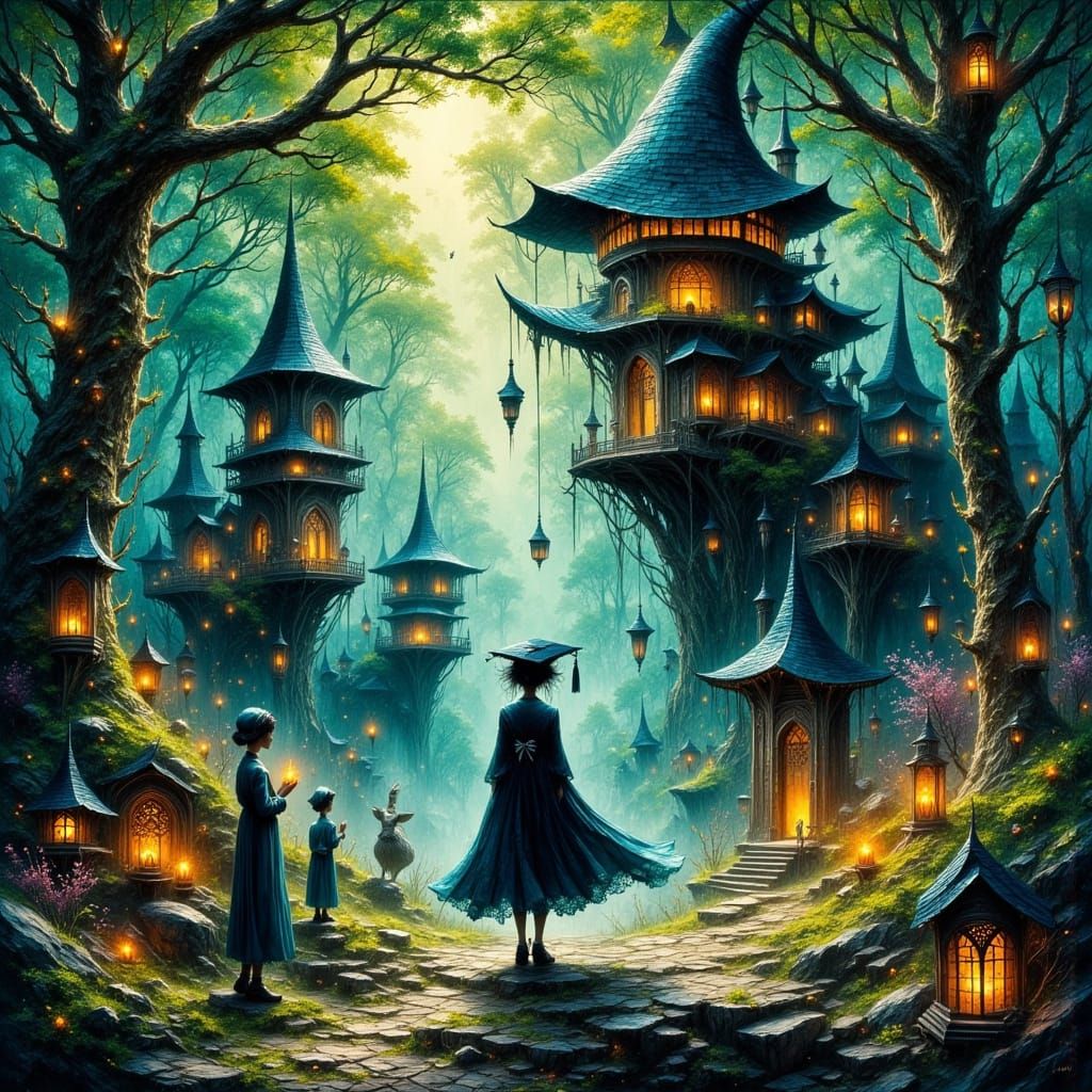 Graduation Ceremony in an Enchanted Forest, Magical Oil Ink ...
