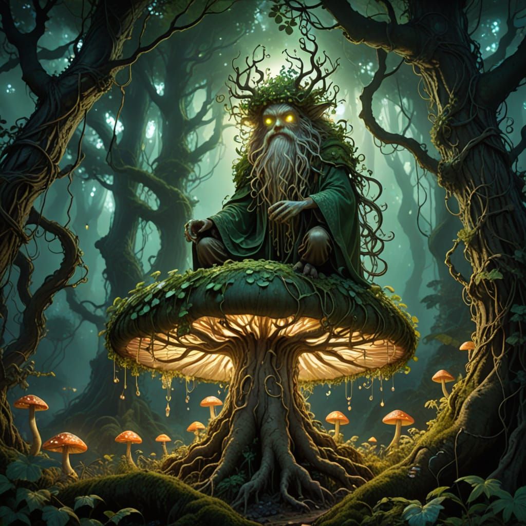 Forest Spirit on Bioluminescent Mushroom, Fantasy Art