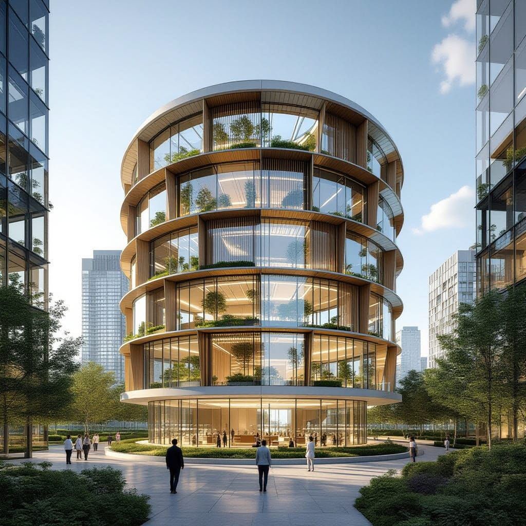 Futuristic Timber Power Station Cooling Tower with Glass Pan...