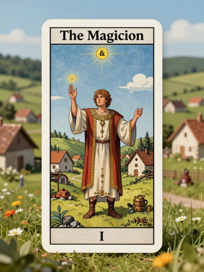 The Magician Tarot Card in a Tranquil Village Setting