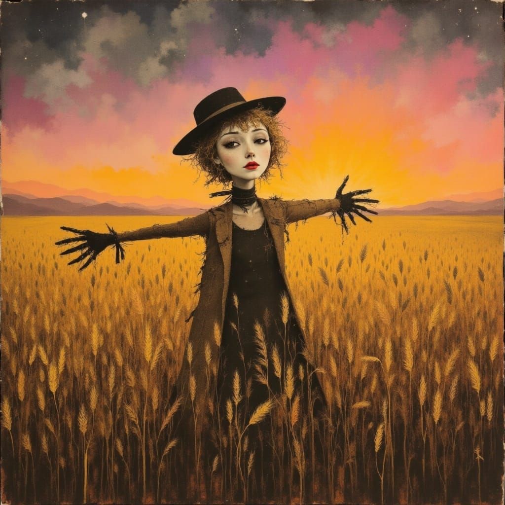 Scarecrow in Golden Wheat Field at Dusk