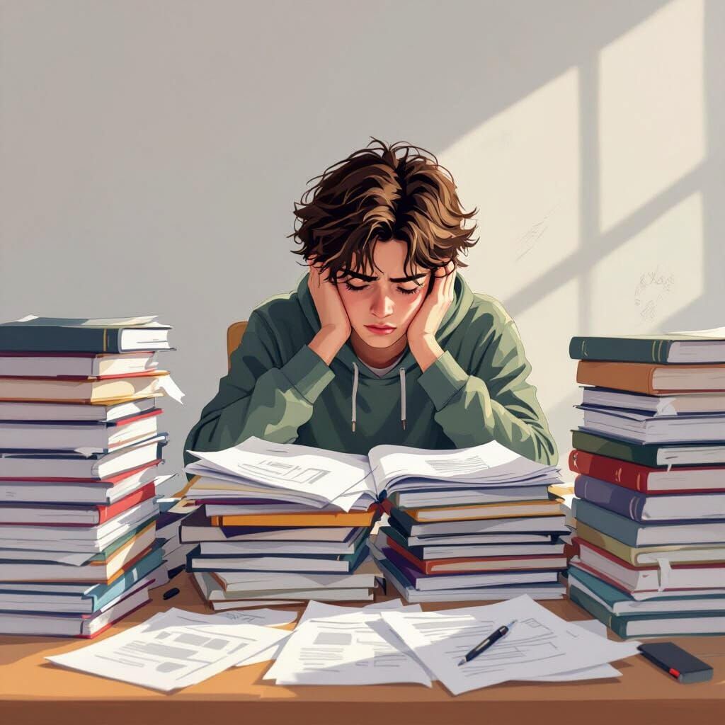 Overwhelmed Teenager Studying at Cluttered Desk