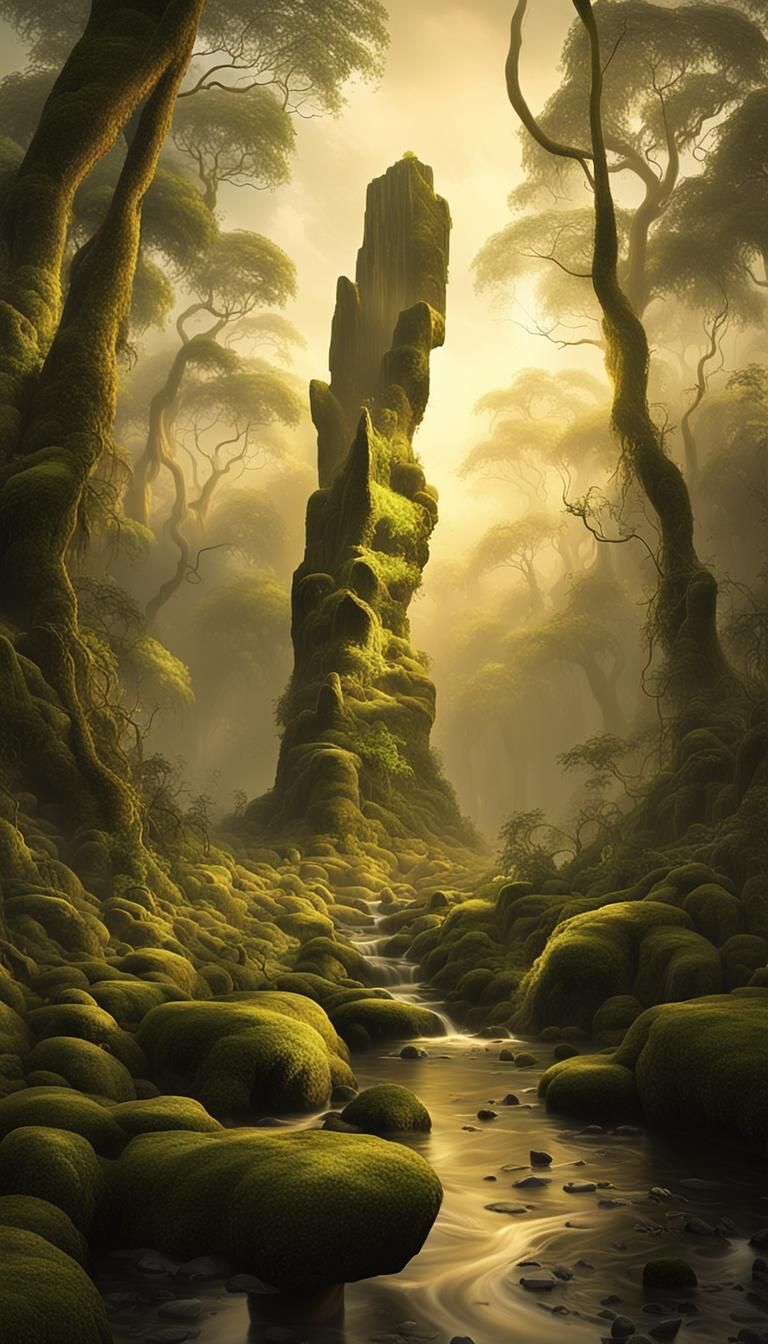Surreal Amazonian Landscape with Ancient Monolith