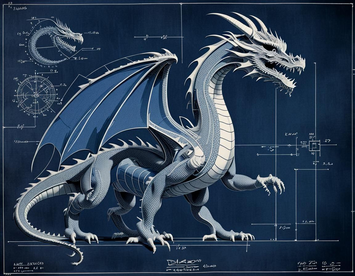 Dragon Engineering Blueprint in Vintage Style