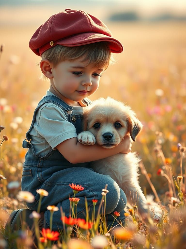 Boy and Dog in Wildflower Field: Storybook Illustration