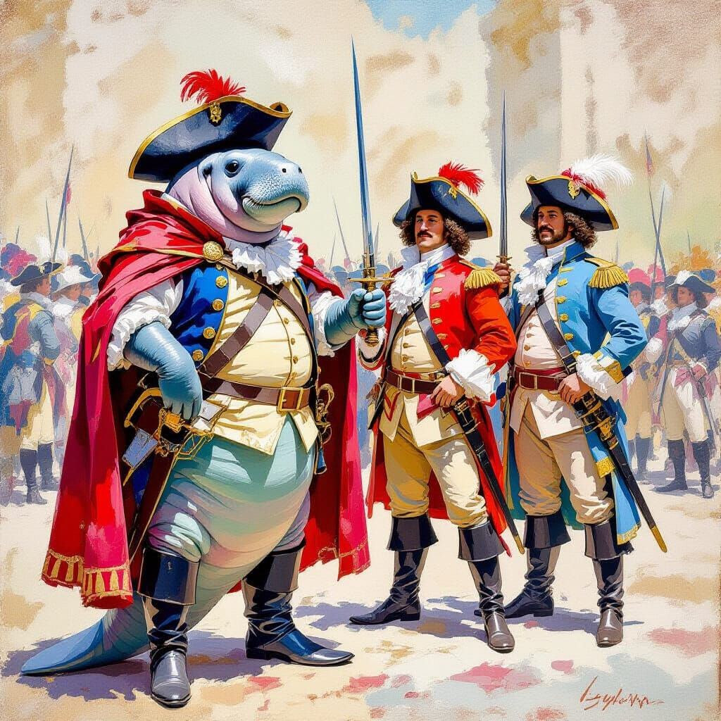 Musketeer Manatees Guarding King Louis XIV in Gouache Style