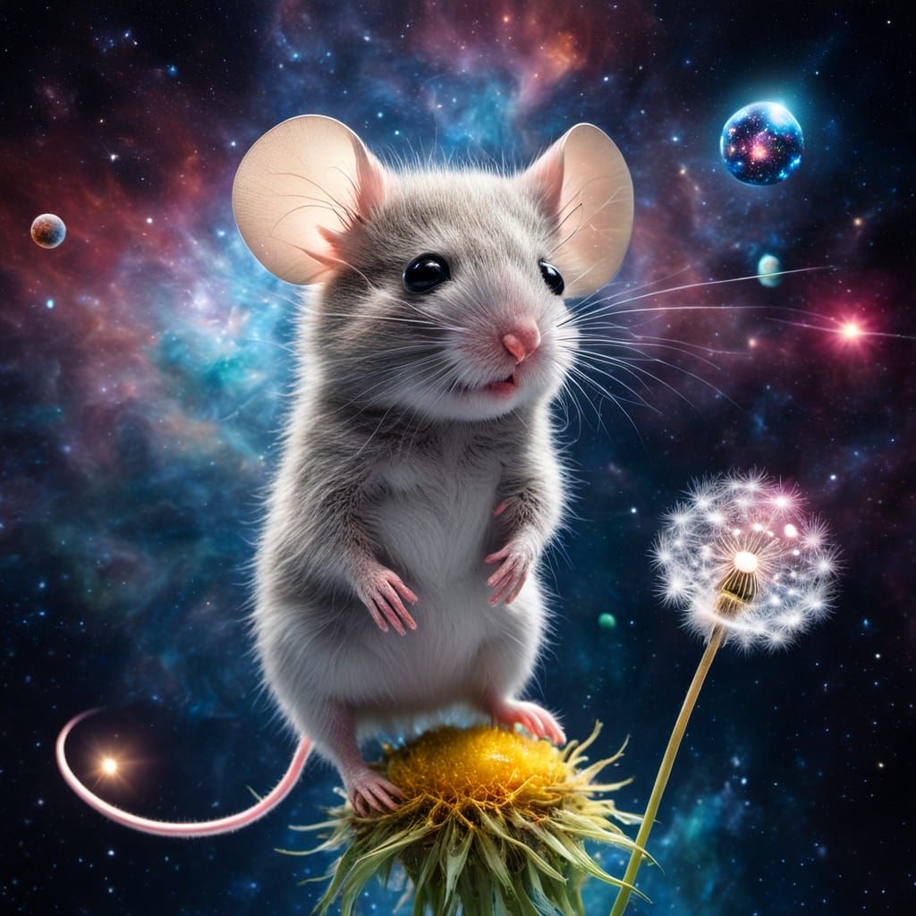 Hyperrealistic Mouse on Glowing Dandelion Seed