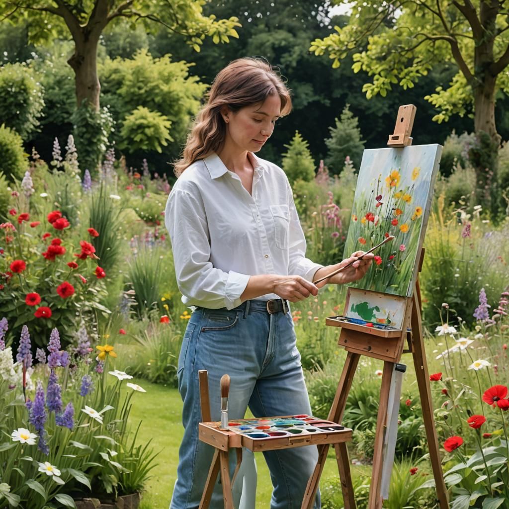 Artist Painting a British Country Garden Scene