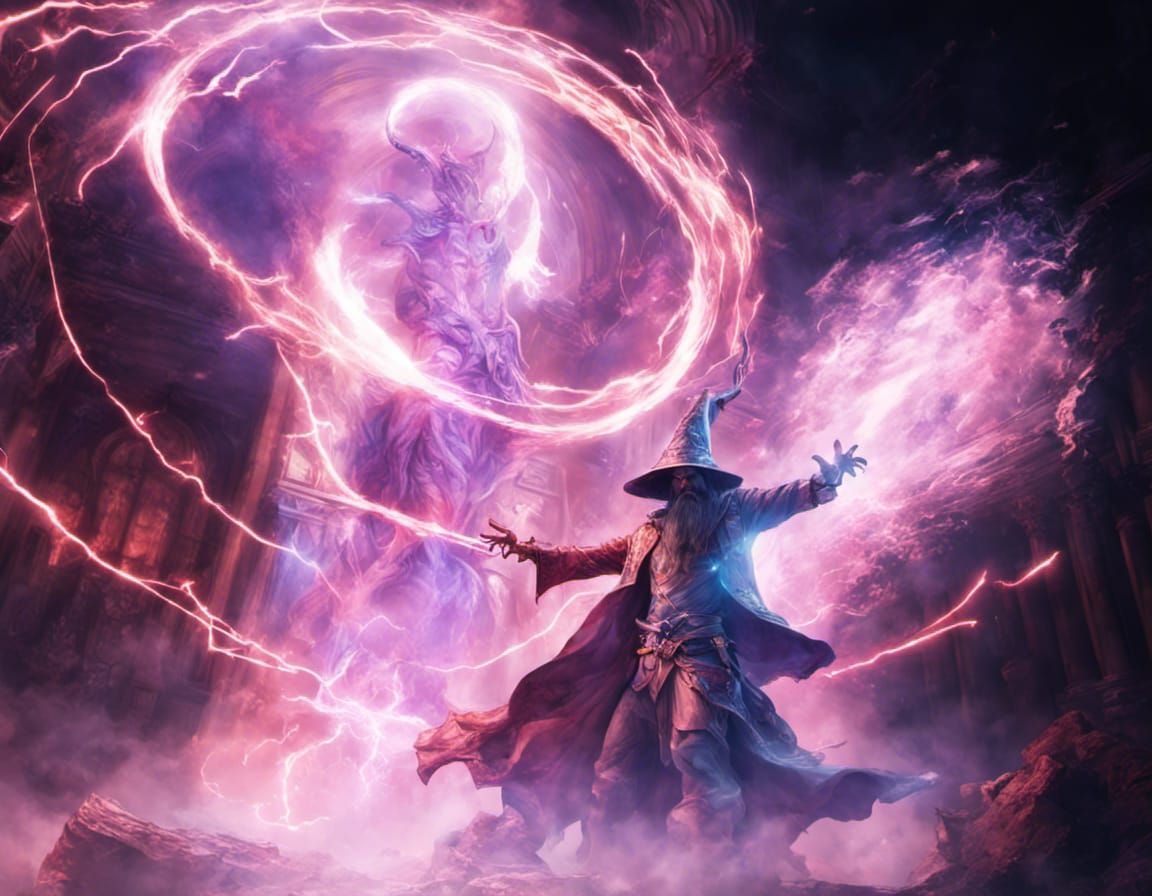 Wizard Casts Spell Against Demon: Fantasy Concept Art