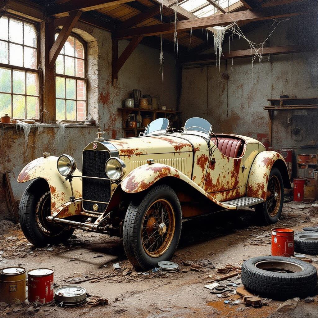 Abandoned 1925 Alfa Romeo in Dusty Workshop