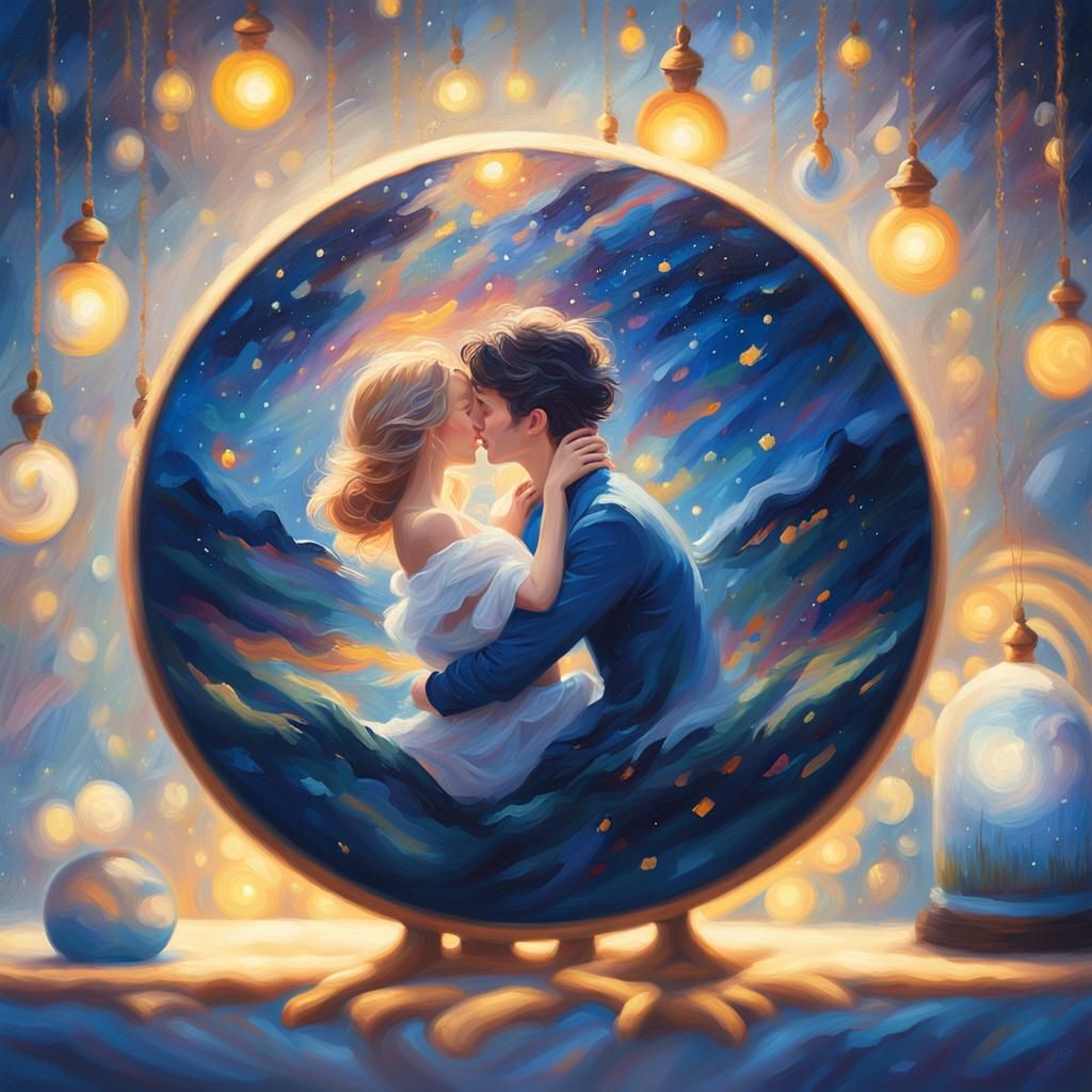 Romantic Couple Under Starry Sky as Oil Painting